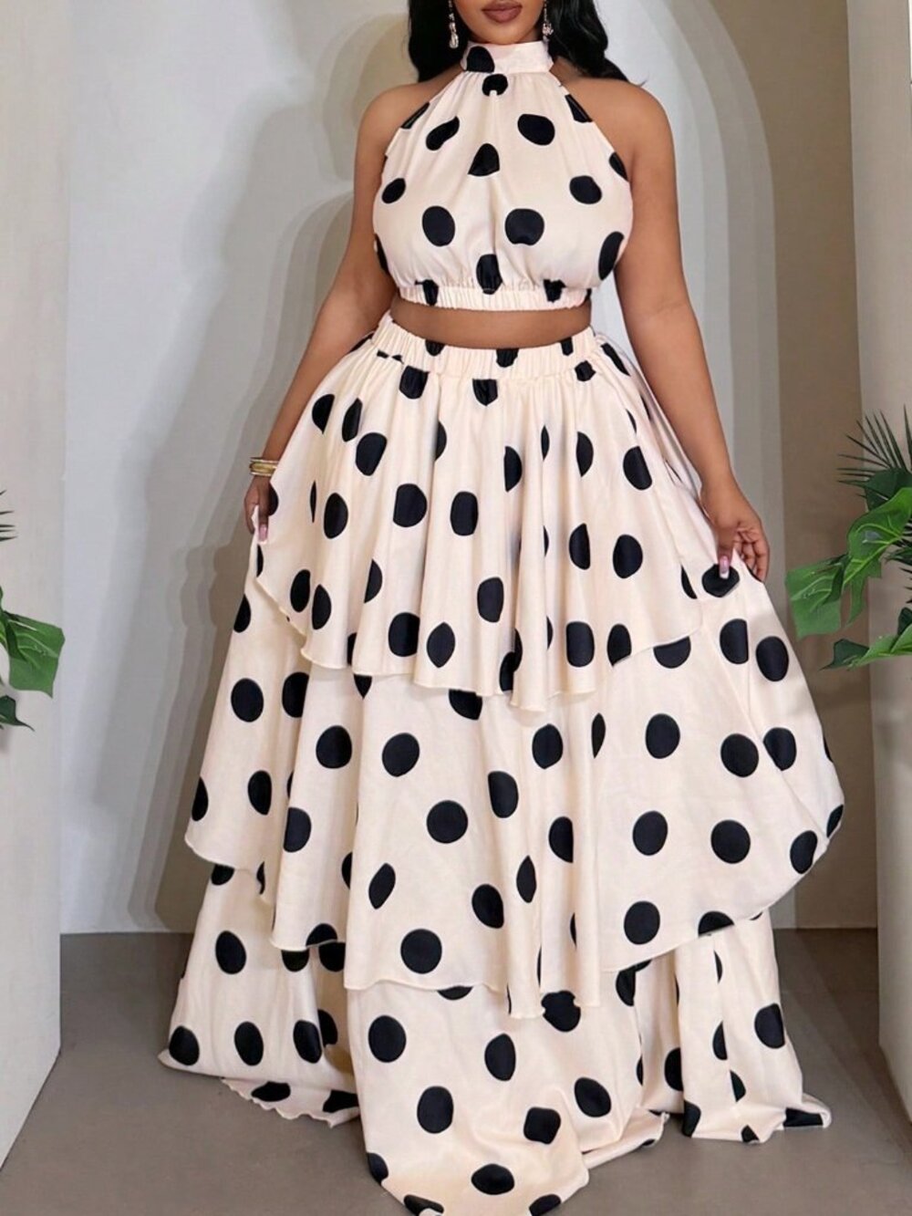 Multicolor Casual Women's Polka Dot Halter Ruffled Tiered Maxi Skirt Set